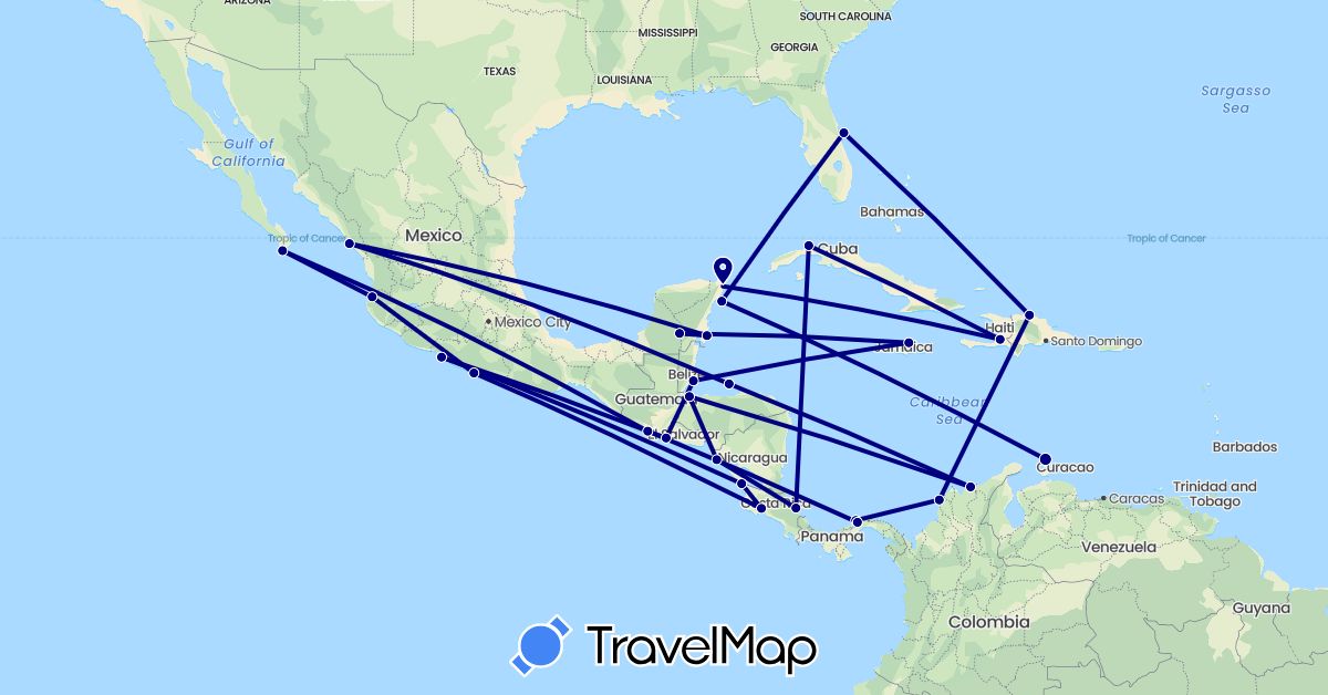 TravelMap itinerary: driving in Belize, Colombia, Costa Rica, Cuba, Dominican Republic, Guatemala, Honduras, Haiti, Jamaica, Mexico, Nicaragua, Netherlands, Panama, El Salvador, United States (Europe, North America, South America)